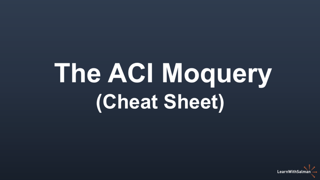 A dark shade of blue-gray background with "The ACI Moquery (Cheat Sheet)" in white title. A LearnWithSalman logo at the right bottom edge.