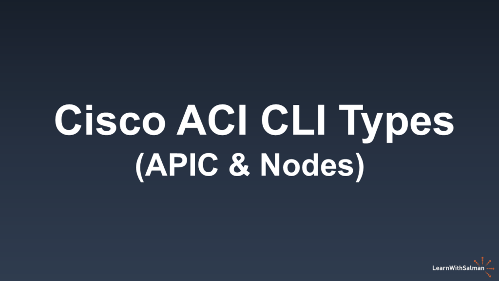 A dark shade of blue-gray background with "Cisco ACI CLI Types (APIC & Nodes)" blog post." in white title. A LearnWithSalman logo at the bottom right edge.