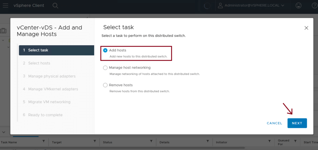 Add ESXi Hosts to the vDS - 2 Screenshot of the VMware vCenter vDS interface titled Select task with three radio button options: Add hosts, Manage host networking, and Remove hosts. Add hosts is selected. A Next button is on the lower right. Tasks and details are partially visible below.