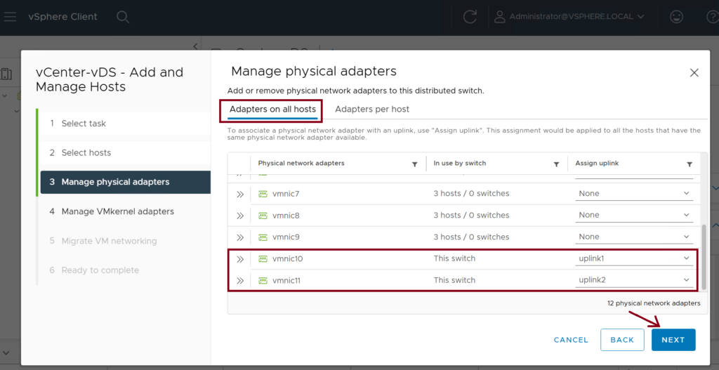 Add ESXi Hosts to the vDS - 4 Screenshot of the VMware vSphere Client interface showing the Manage physical adapters section. The tab Adapters on all hosts is selected, displaying a table listing virtual network adapters such as vmnic10 and vmnic11, each associated with This switch and uplink identifiers like uplink1 and uplink2.