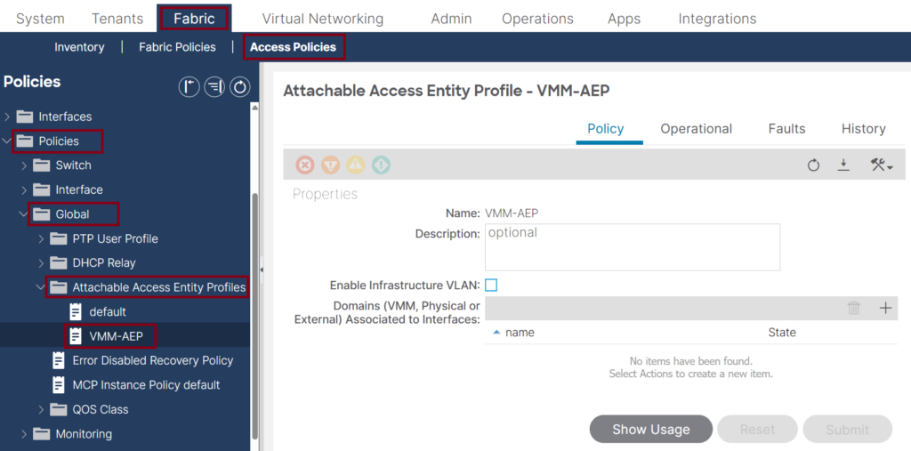 Attachable Entity Profile (AAEP) This screenshot shows a Cisco ACI GUI displaying the Attachable Access Entity Profile (AAEP) "VMM-AEP" under Access Policies within the Fabric section. The left sidebar lists various policy categories, and editing options are visible.