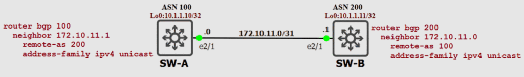 Network diagram with two routers, SW-A and SW-B, connected via a link labeled 172.10.11.0/31. SW-A has ASN 100 and SW-B has ASN 200. Both routers are configured with BGP and specific neighbor relationships, showing IP addresses and ASNs for communication.