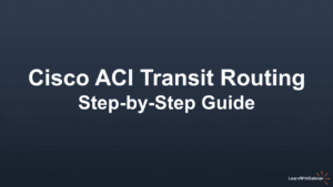 Dark blue gradient background with large white text centered that reads Cisco ACI Transit Routing Step by Step Guide In the bottom right corner there is a small logo and the text LearnWithSalman in white
