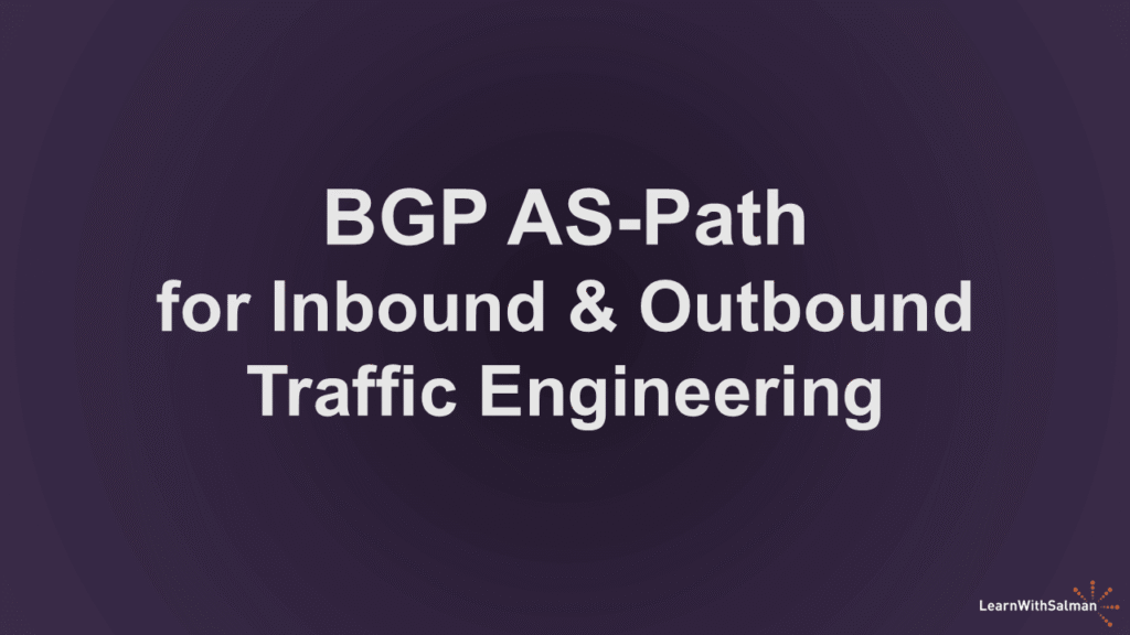 White bold text on a dark purple background reads BGP AS Path for Inbound  Outbound Traffic Engineering In the bottom right corner there is a small logo with text LearnWithSalman