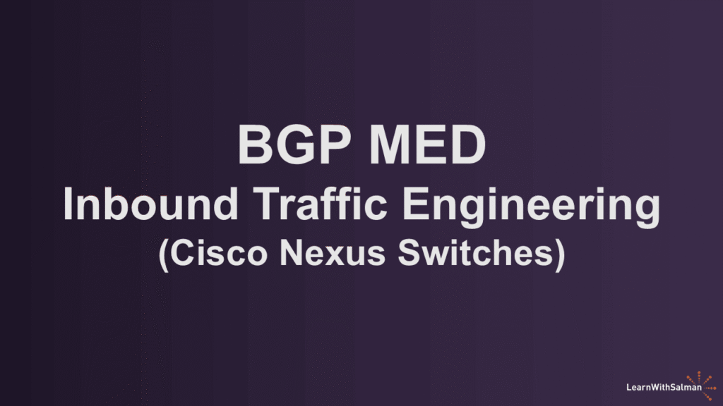 White text on a dark purple gradient background reads BGP MED Inbound Traffic Engineering Cisco Nexus Switches In the bottom right corner is a small logo with the text LearnWithSalman