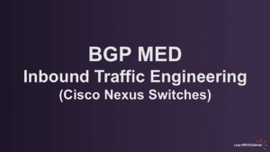 White text on a dark purple gradient background reads BGP MED Inbound Traffic Engineering Cisco Nexus Switches In the bottom right corner is a small logo with the text LearnWithSalman
